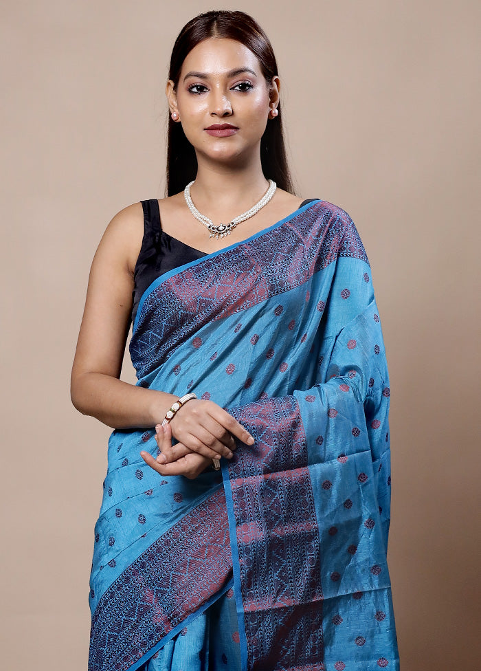 Blue Dupion Silk Saree With Blouse Piece Clearance Find Great