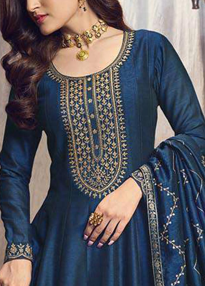 3 Pc Blue Semi Stitched Silk Suit Set Clearance Low Pice Fee Shipping