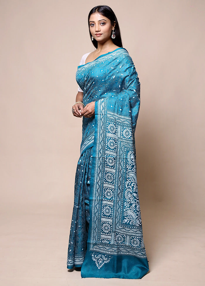 Blue Handloom Kantha Stitch Pure Silk Saree With Blouse Piece Websites Online