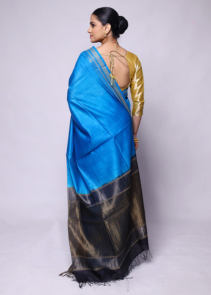 Blue Handloom Tussar Pure Silk Saree With Blouse Piece Clearance High Quality