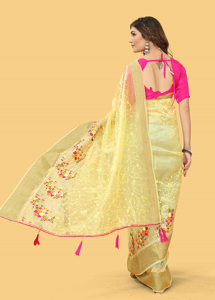 Yellow Organza Saree With Blouse Piece Free Shipping For Sale