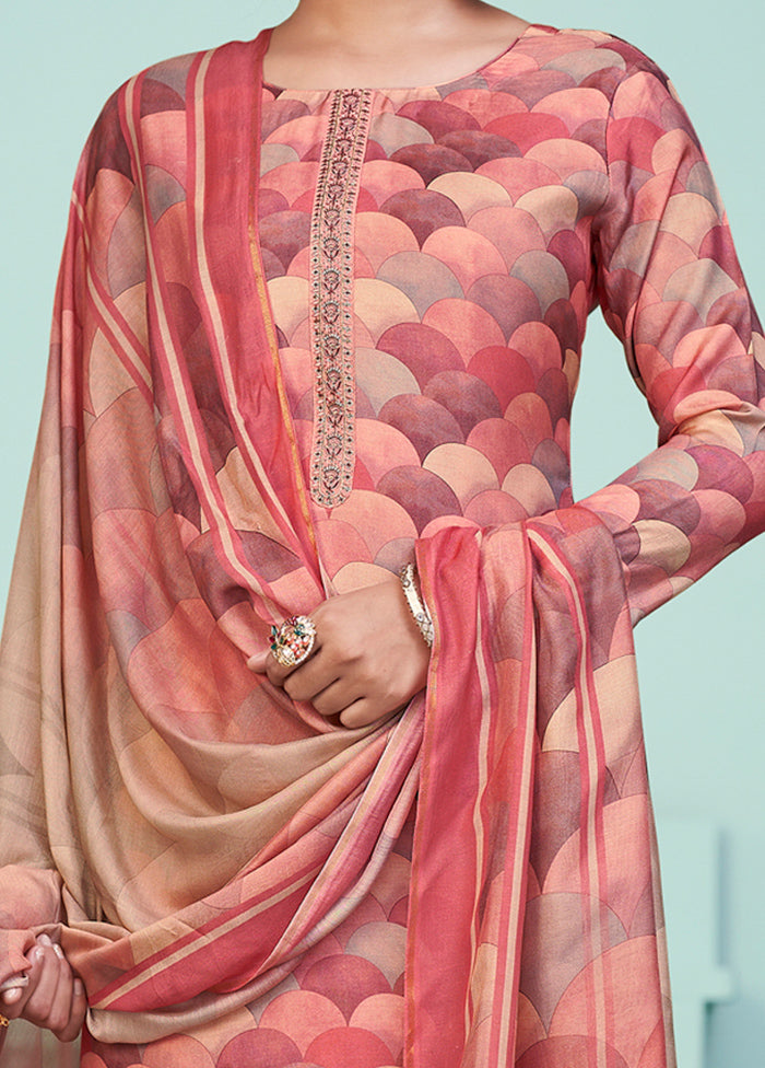 3 Pc Peach Unstitched Silk Suit Set Cheap Sale Popular