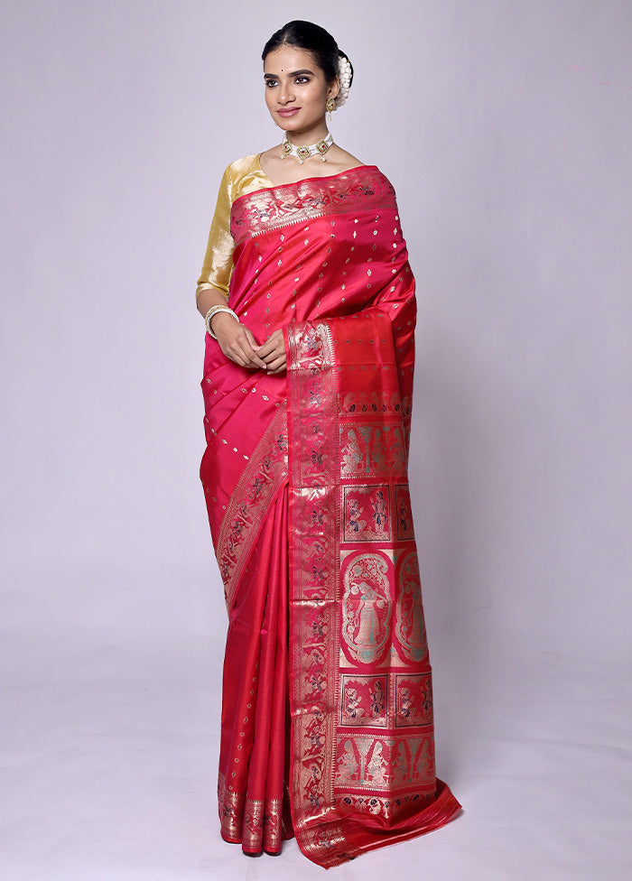 Red Handloom Baluchari Pure Silk Saree With Blouse Piece Clearance Manchester