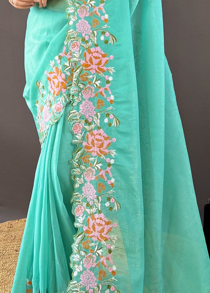 Sea Green Spun Silk Saree With Blouse Piece Discount Huge Surprise