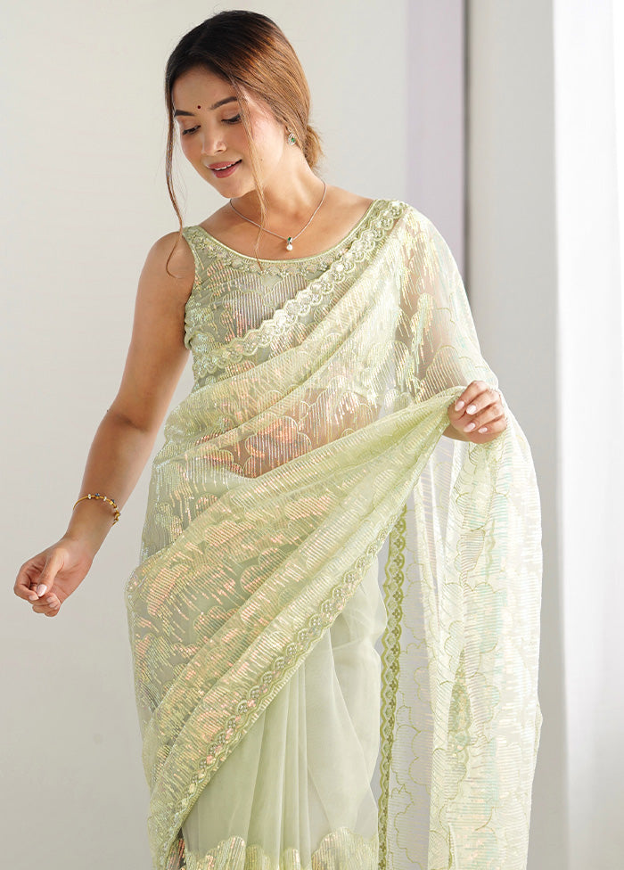 Pista Green Net Net Saree With Blouse Piece Sale Cheap Pices