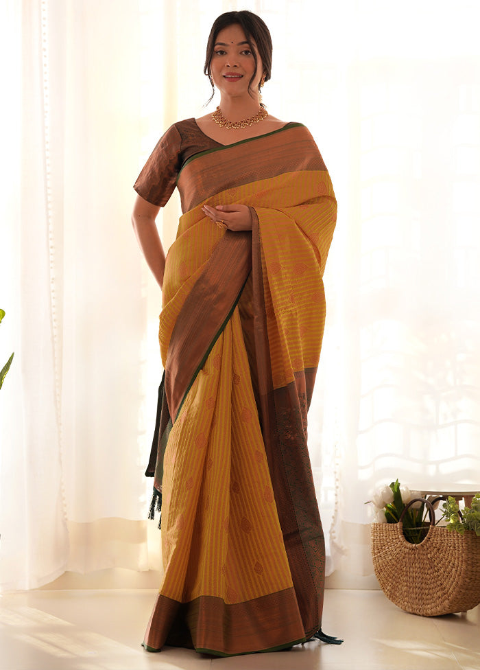 Mustard Kanjivaram Silk Saree With Blouse Piece For Sale Cheap Pice From China