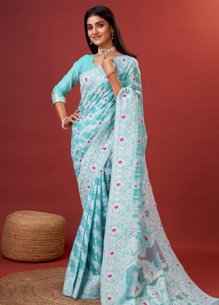 Sky Blue Cotton Saree With Blouse Piece Free Shipping Wiki