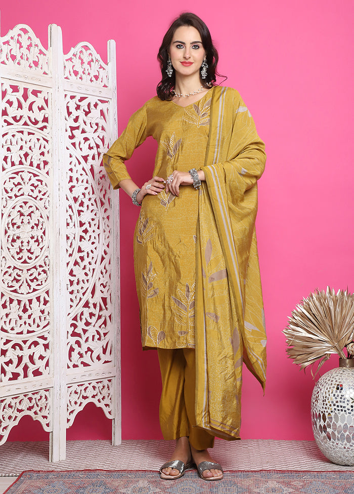 3 Pc Mustard Unstitched Silk Suit Set Recommend Cheap Pice