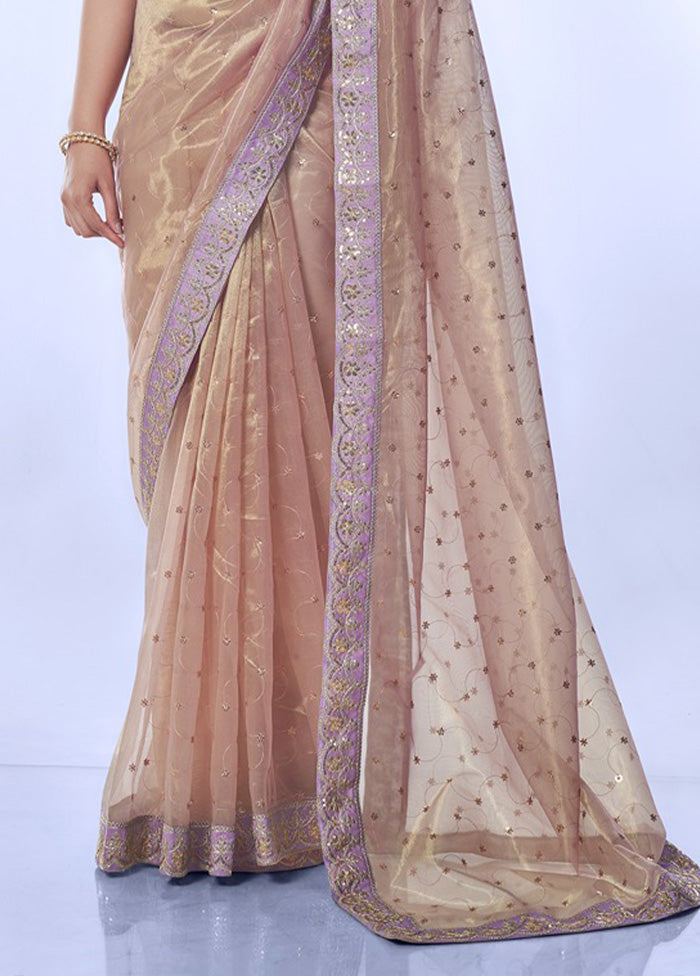 Cream Net Net Saree With Blouse Piece Low Cost Cheap Pice