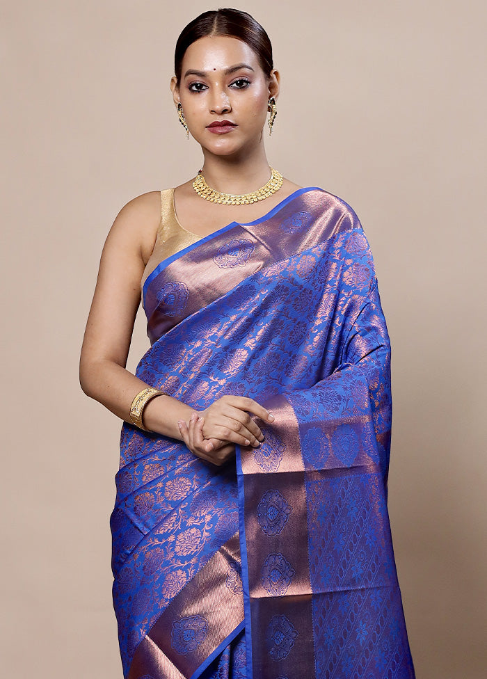 Blue Kanjivaram Silk Saree With Blouse Piece From China