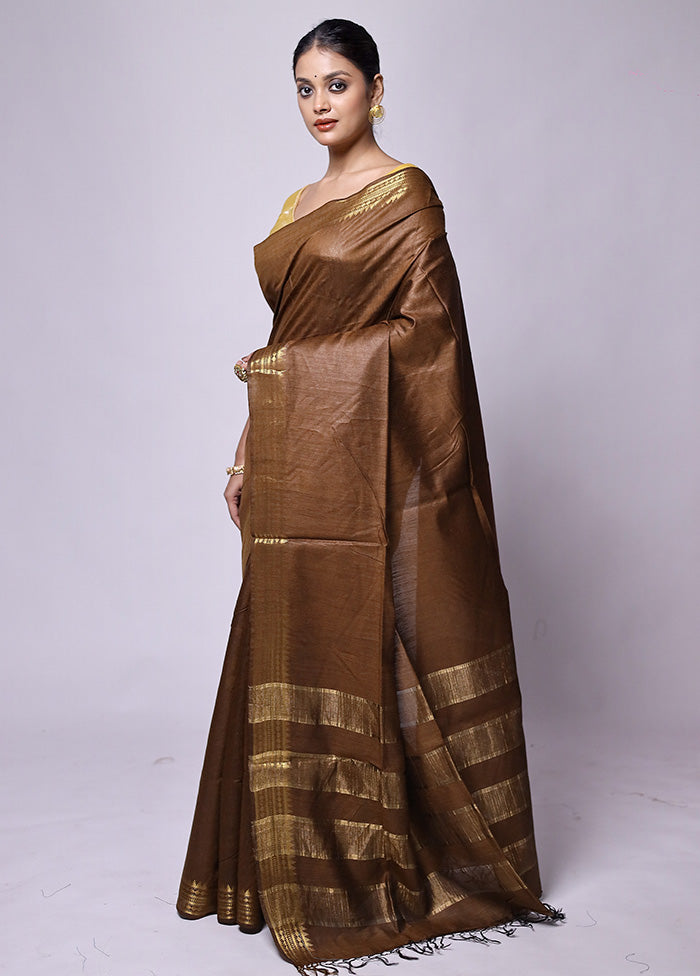 Brown Tussar Silk Saree With Blouse Piece Marketable Online