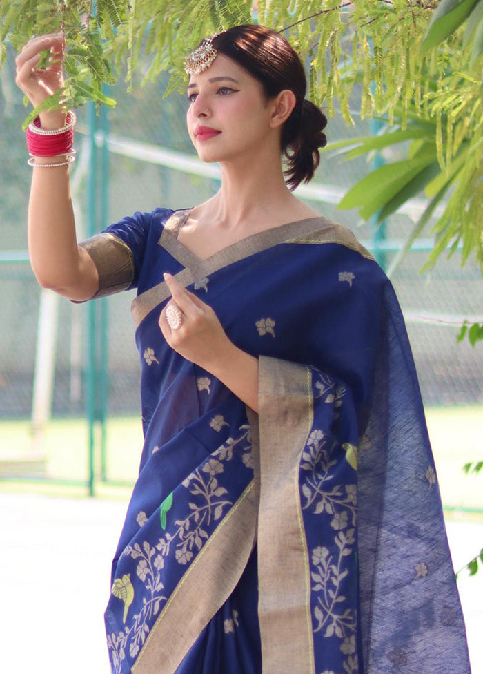 Blue Linen Silk Saree With Blouse Piece Buy Cheap With Mastercard