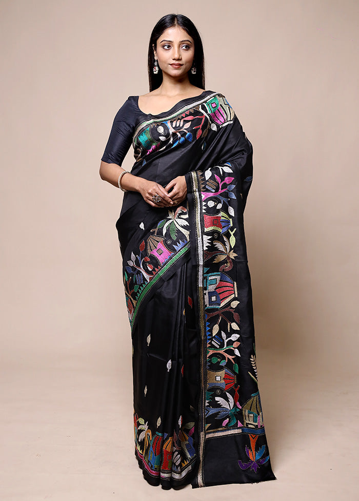 Black Handloom Kantha Stitch Pure Silk Saree With Blouse Piece Get To Buy Cheap Online