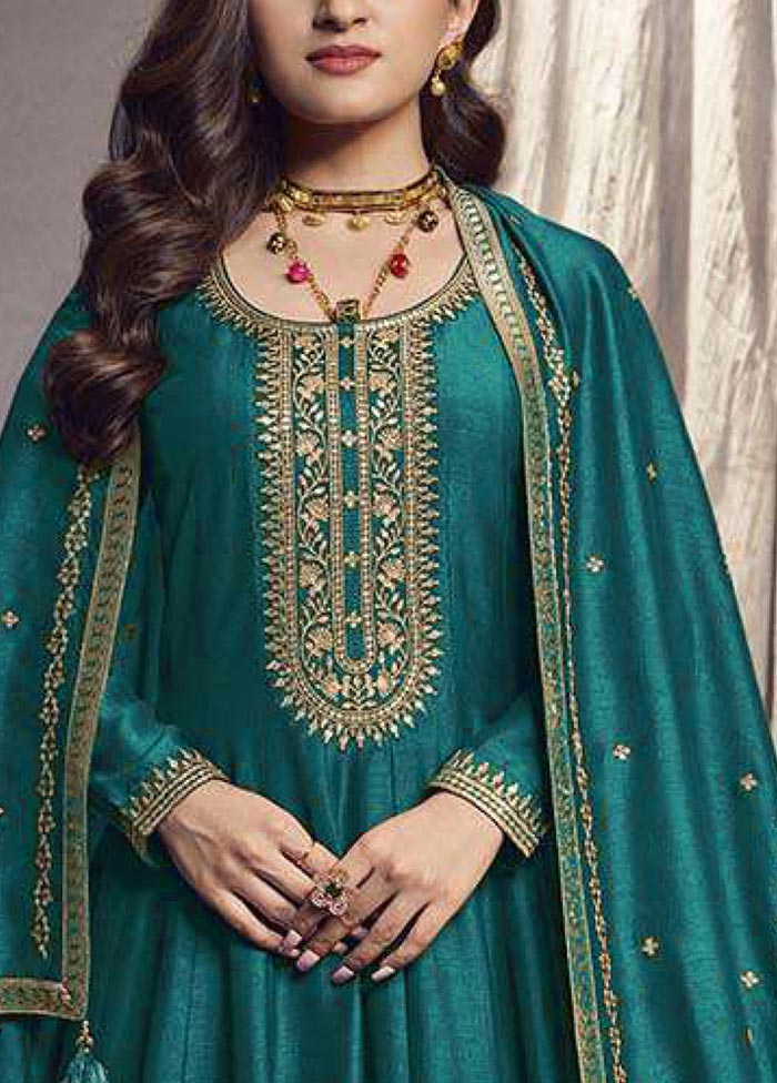 3 Pc Teal Semi Stitched Silk Suit Set Many Kinds Of Online