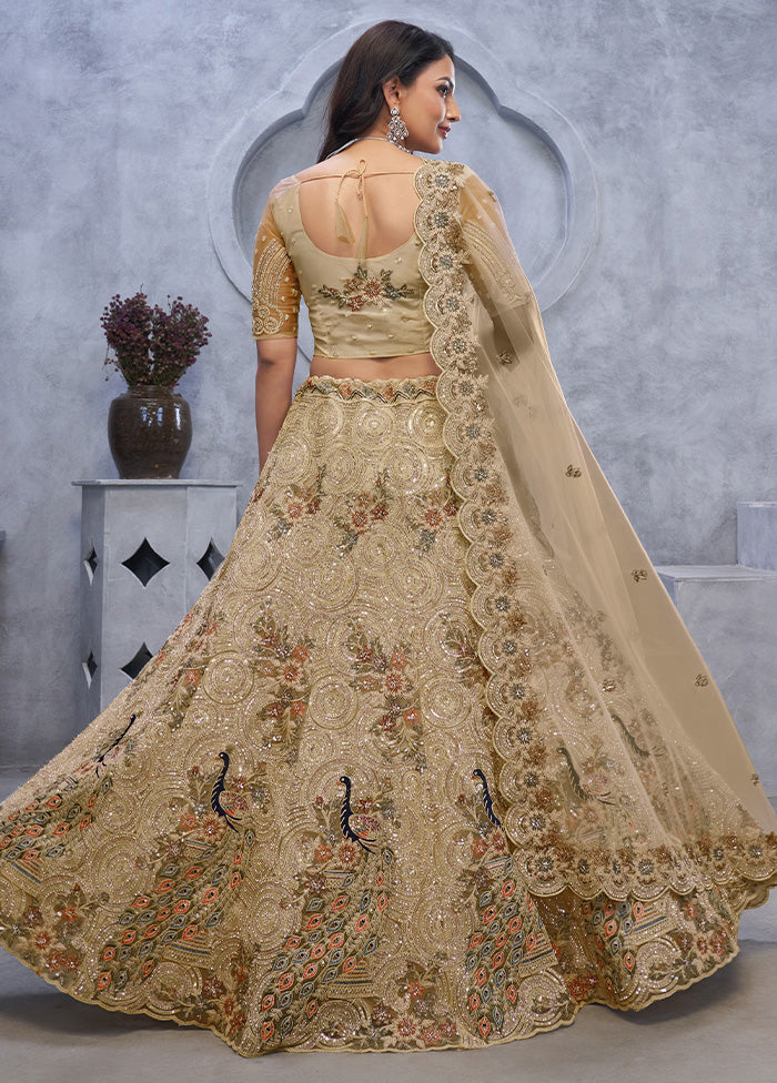 3 Pc Golden Net Semi Stitched Lehenga Set Sale Great Deals