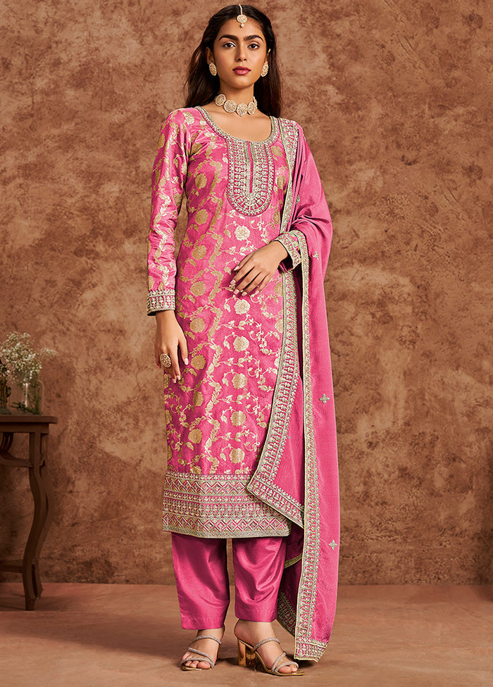 3 Pc Pink Semi Stitched Silk Suit Set Best Pices Cheap Pice