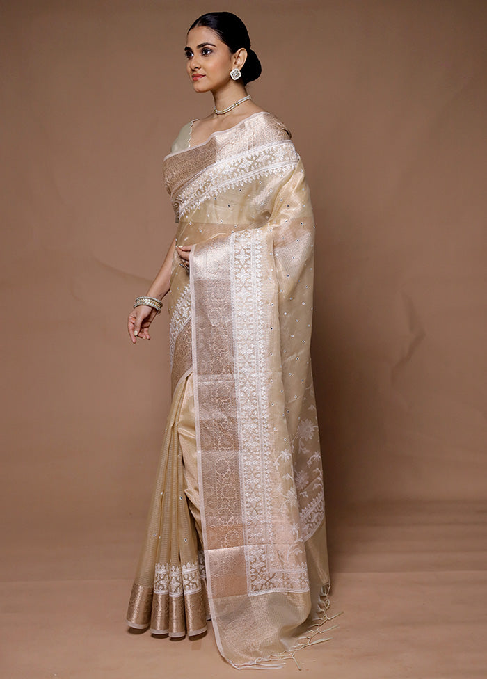 Cream Tissue Silk Saree With Blouse Piece Cheap Sale Purchase