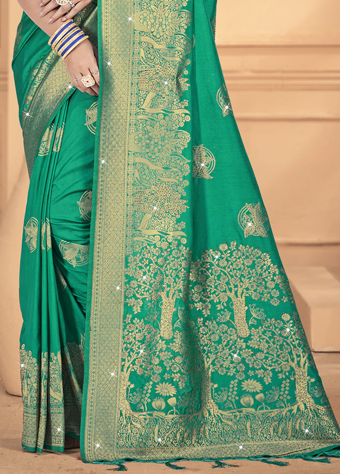 Green Spun Silk Saree With Blouse Piece 100% Original