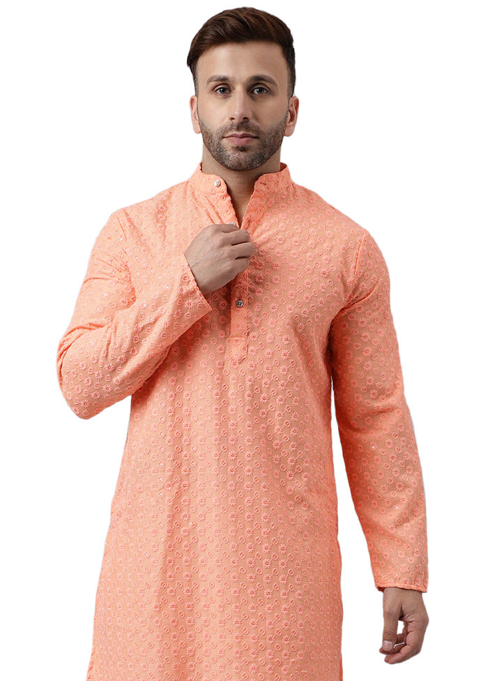 Peach Silk Embroidered Kurta Pices Cheap Online