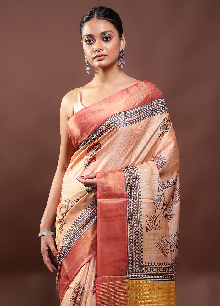 Peach Tussar Silk Saree With Blouse Piece Clearance Low Pice Fee Shipping