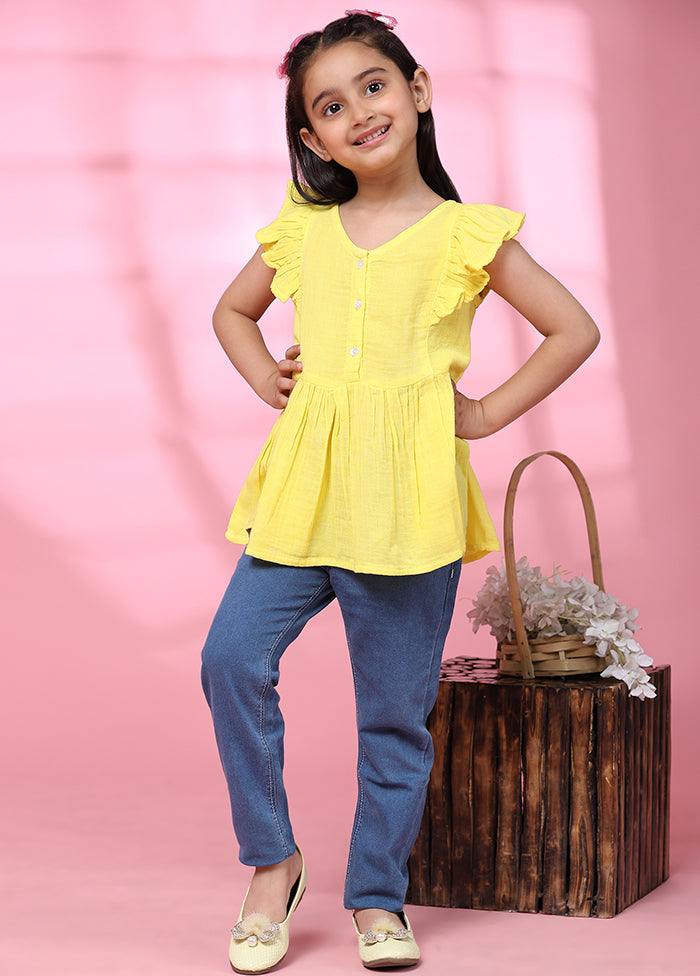 Yellow Cotton Short Sleeves V Neckshape Top Free Shipping Supply