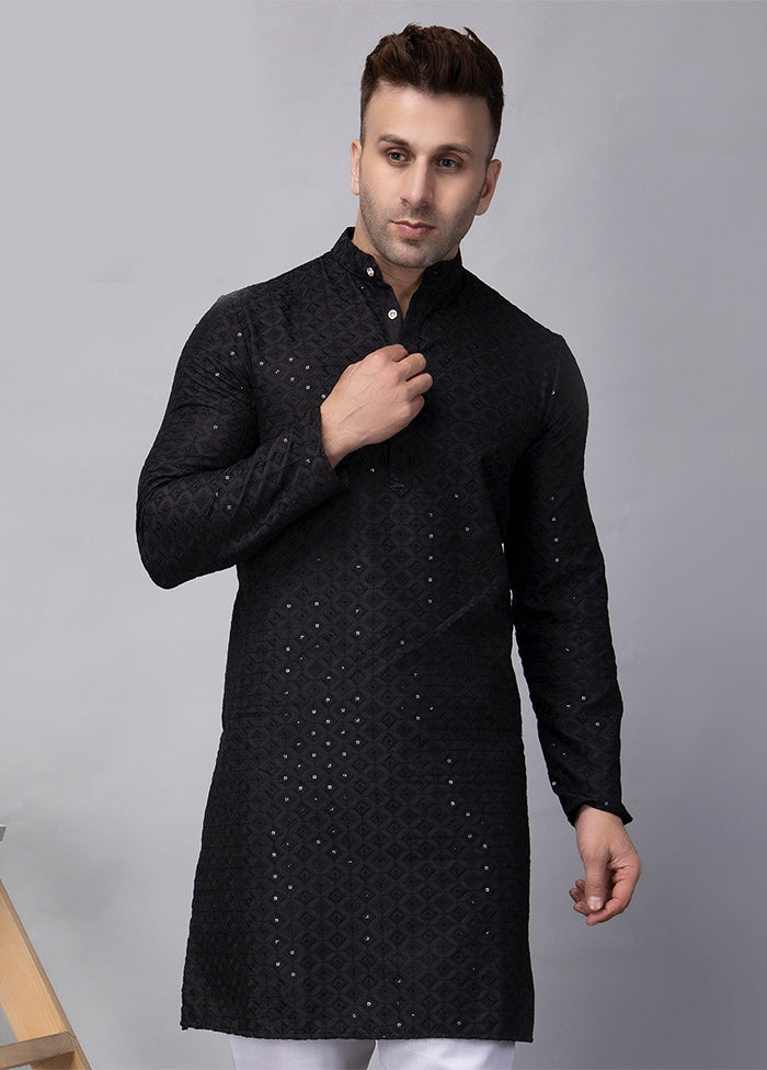 Black Viscose Embroidered Knee Length Kurta With Credit Card