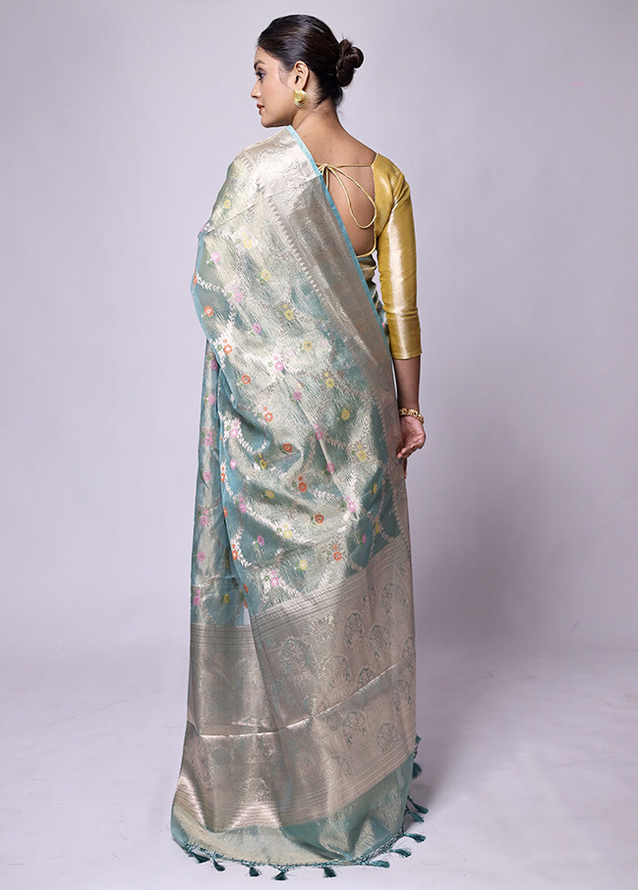 Green Crushed Tissue Silk Saree With Blouse Piece Brand New Unisex Sale Online