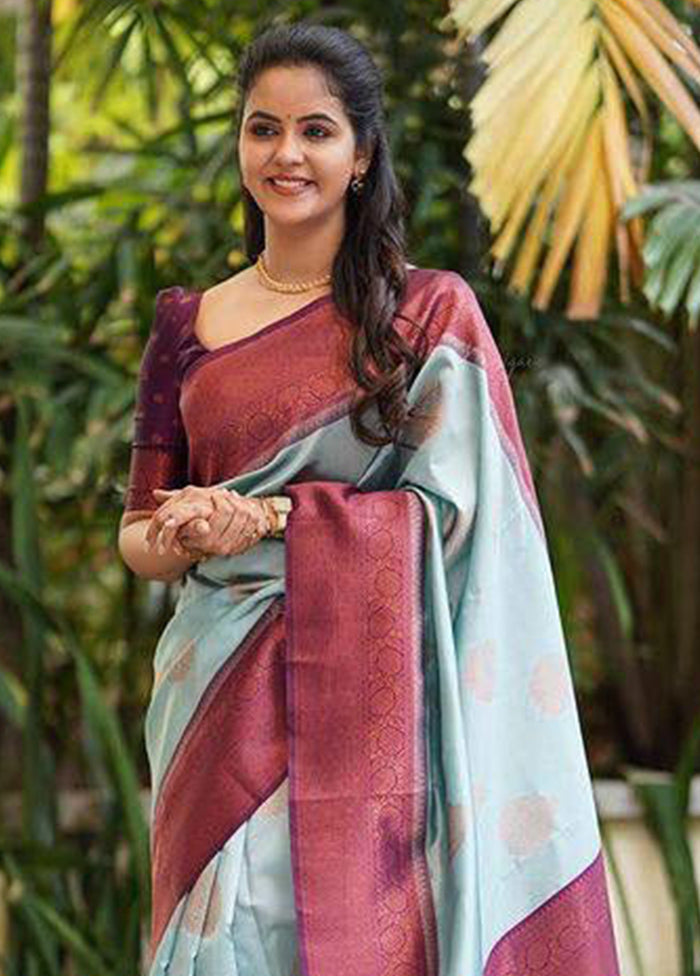 Blue Banarasi Silk Saree With Blouse Piece Buy Cheap Release Dates