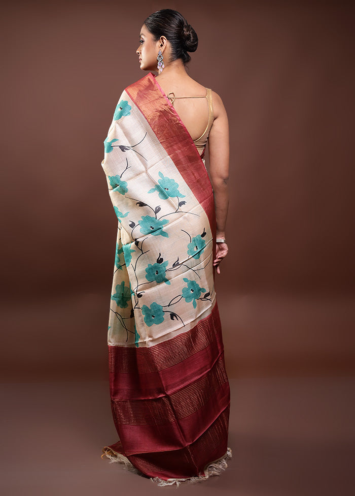 Cream Handloom Tussar Pure Silk Saree With Blouse Piece Sale Footlocker Pictures