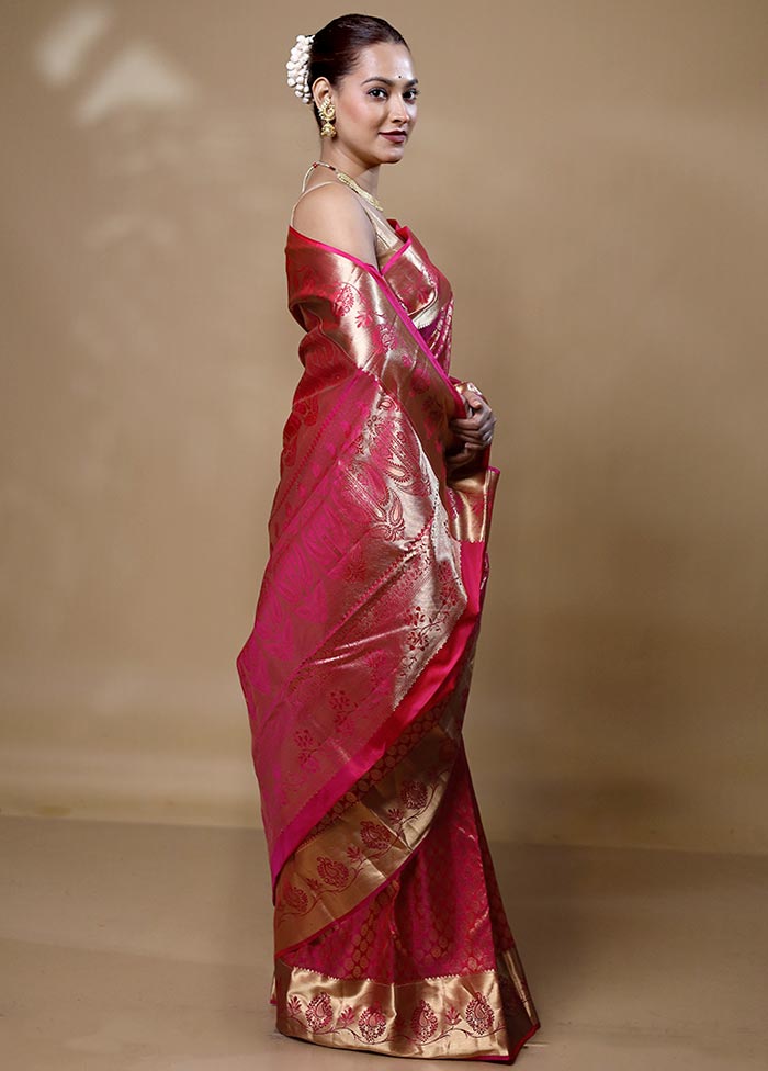 Pink Handloom Kanjivaram Pure Silk Saree With Blouse Piece For Sale 2025