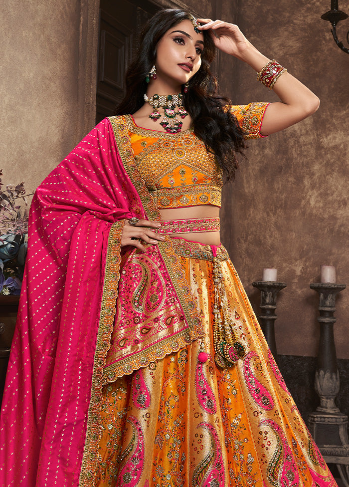 3 Pc Yellow Silk Semi Stitched Lehenga Set Popular Sale Online