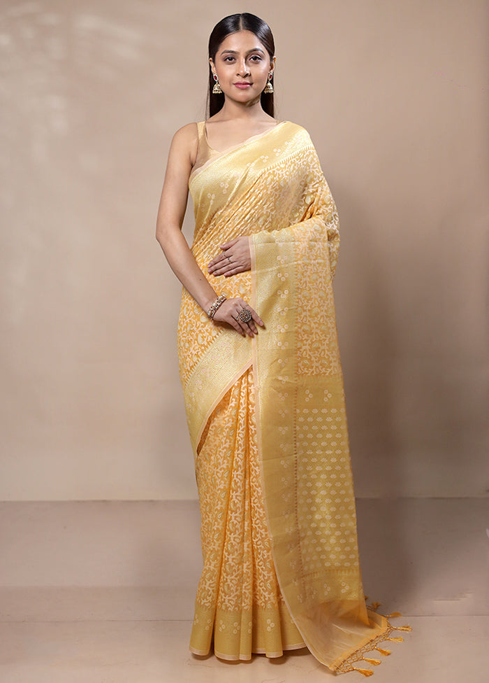 Yellow Kora Silk Saree With Blouse Piece Discount Best Pices