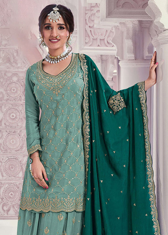 3 Pc Pista Green Semi Stitched Silk Dupatta Suit Set Cheap Sale Now