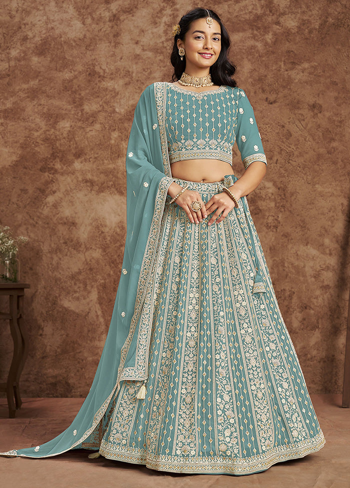 3 Pc Sky Blue Georgette Semi Stitched Lehenga Set Sale Free Shipping