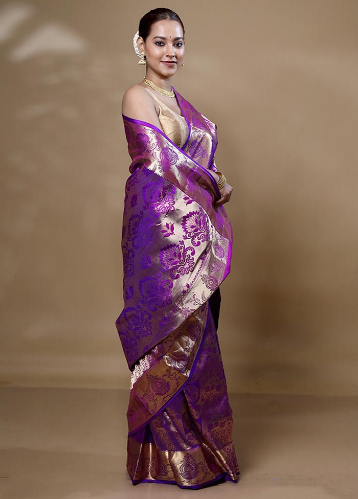 Purple Handloom Kanjivaram Pure Silk Saree With Blouse Piece Genuine Cheap Pice