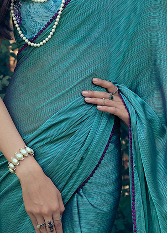 Teal Dupion Silk Saree With Blouse Piece Discount How Much