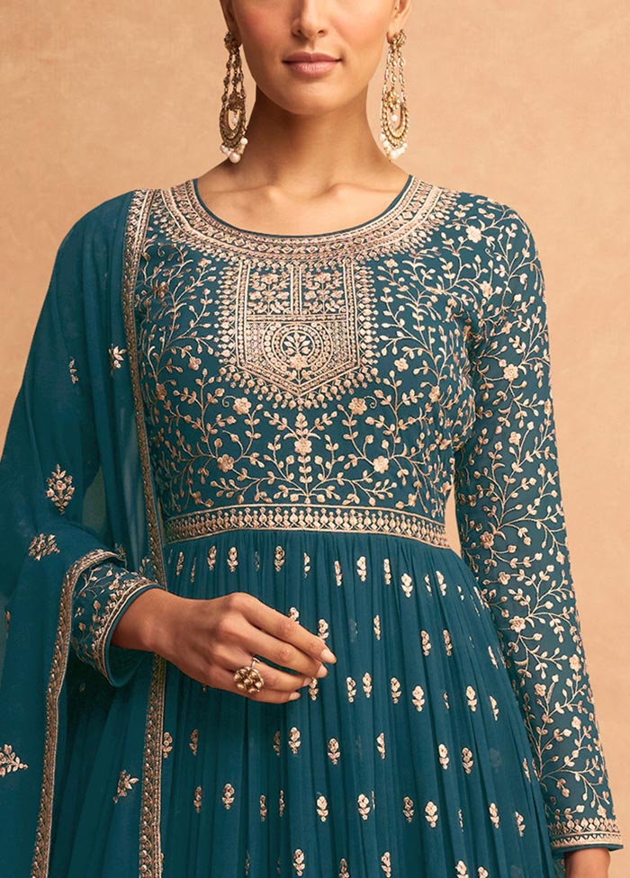 3 Pc Teal Blue Semi Stitched Georgette Suit Set Official Site Cheap Online