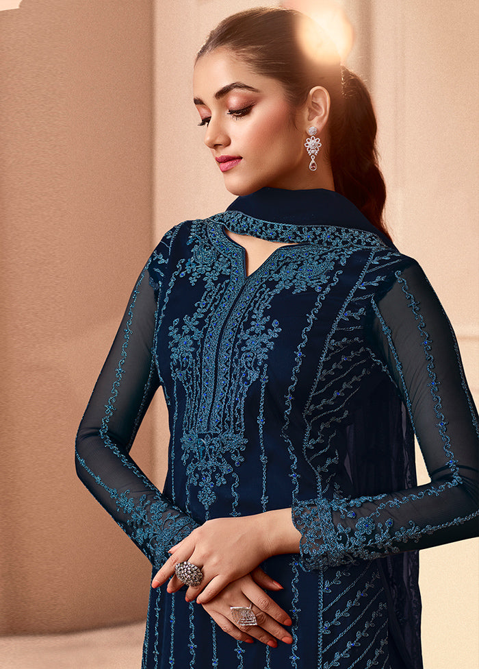 3 Pc Navy Blue Unstitched Net Suit Set Online Shop From China