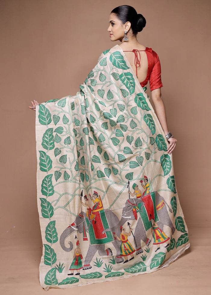 Cream Handloom Kantha Stitch Pure Silk Saree With Blouse Piece Free Shipping Comfortable