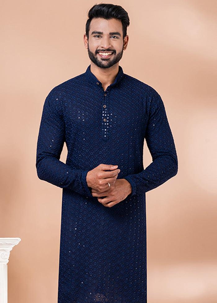 Navy Blue Silk Kurta And Pajama Set Supply