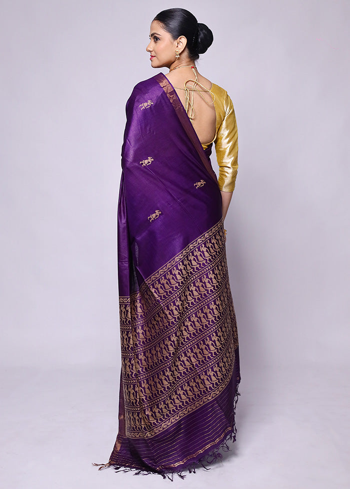 Purple Handloom Tussar Pure Silk Saree With Blouse Piece Sale New Styles