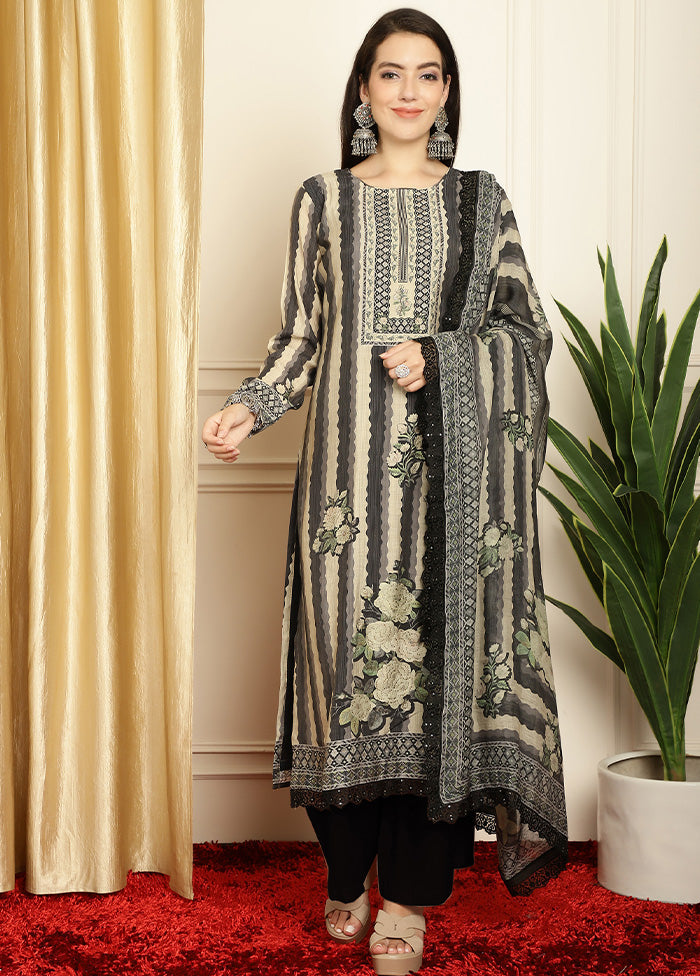 3 Pc Black Unstitched Pashmina Suit Set Cheap Sale Inexpensive