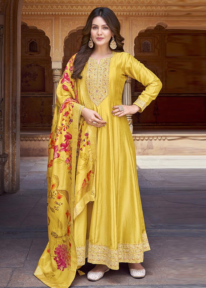 3 Pc Yellow Semi Stitched Silk Suit Set Footlocker Finishline Online