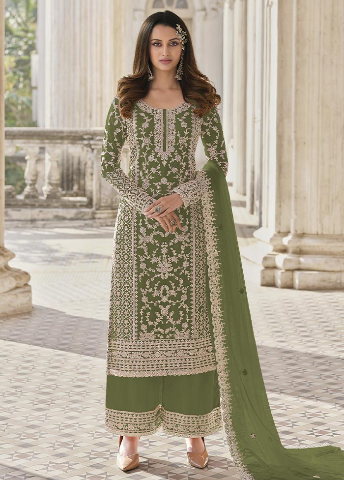 3 Pc Green Semi Stitched Net Suit Set Big Sale Cheap Online