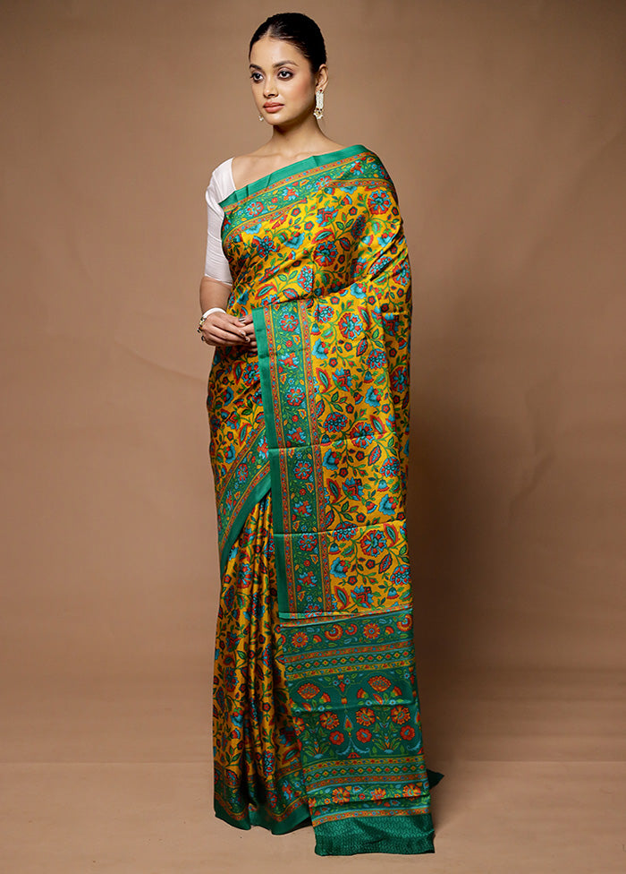 Yellow Printed Pure Silk Saree Without Blouse Piece Huge Surprise For Sale