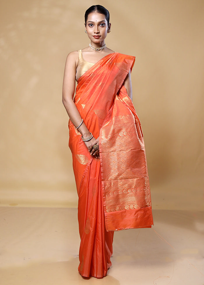 Orange Kanjivaram Silk Saree With Blouse Piece Shop For Sale