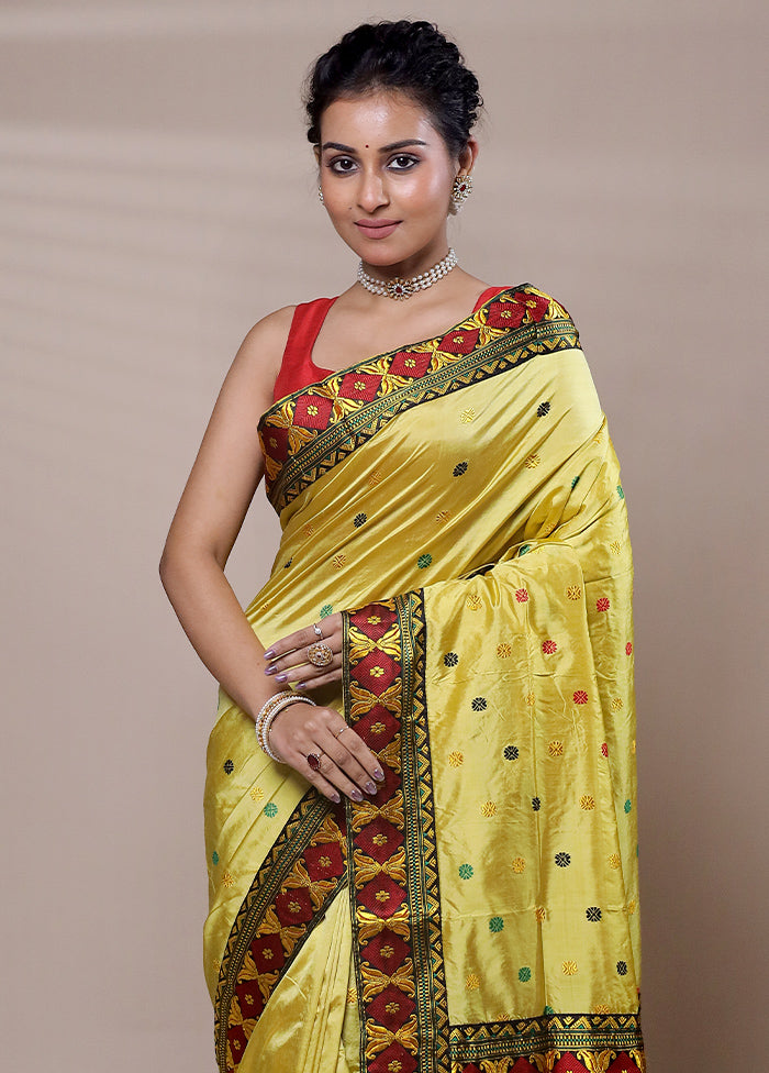 Yellow Handloom Assam Pure Silk Saree With Blouse Piece Clearance Fashionable