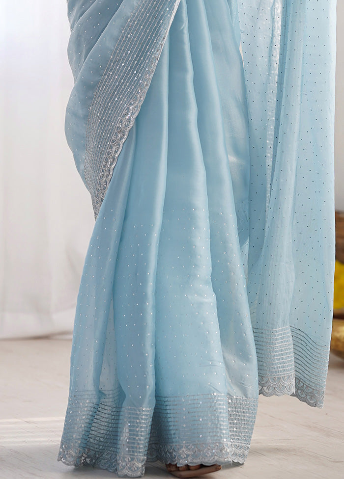 Sky Blue Spun Silk Saree With Blouse Piece Authentic For Sale