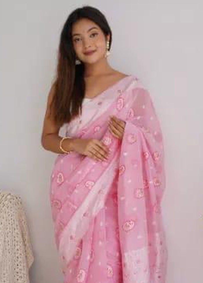 Light Pink Cotton Saree With Blouse Piece Free Shipping Cheap Online