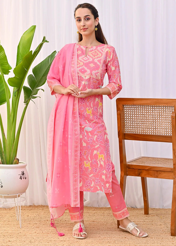 3 Pc Pink Readymade Rayon Dupatta Suit Set Cheap Sale Now